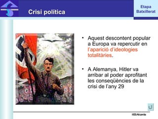 IES Alcarràs IES Alcarràs Crisi política Aquest descontent popular a Europa va repercutir en  l’aparició d’ideologies totalitàries .  A Alemanya, Hitler va arribar al poder aprofitant les conseqüències de la crisi de l’any 29 Etapa Batxillerat 