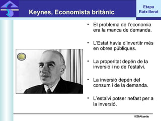 IES Alcarràs IES Alcarràs Keynes, Economista britànic El problema de l’economia era la manca de demanda. L’Estat havia d’invertitr més en obres públiques. La properitat depén de la inversió i no de l’estalvi. La inversió depén del consum i de la demanda. L’estalvi potser nefast per a la inversió . Etapa Batxillerat 