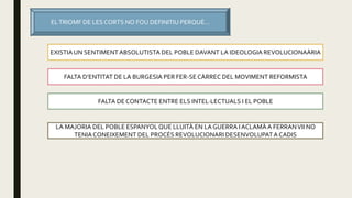 ELTRIOMF DE LES CORTS NO FOU DEFINITIU PERQUÈ…
EXISTIAUN SENTIMENTABSOLUTISTA DEL POBLE DAVANT LA IDEOLOGIA REVOLUCIONAÀRIA
FALTA D’ENTITAT DE LA BURGESIA PER FER-SECÀRREC DEL MOVIMENT REFORMISTA
FALTA DE CONTACTE ENTRE ELS INTEL·LECTUALS I EL POBLE
LA MAJORIA DEL POBLE ESPANYOL QUE LLUITÀ EN LA GUERRA I ACLAMÀA FERRANVII NO
TENIACONEIXEMENT DEL PROCÉS REVOLUCIONARI DESENVOLUPATA CADIS
 