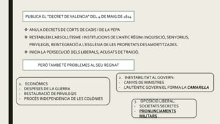 PUBLICA EL “DECRET DEVALENCIA” DEL 4 DE MAIG DE 1814
 ANULA DECRETS DE CORTS DE CADIS I DE LA PEPA
 RESTABLEIX L’ABSOLUTISME I INSTITUCIONS DE L’ANTIC RÈGIM: INQUISICIÓ, SENYORIUS,
PRIVILEGIS, REINTEGRACIÓA L’ESGLÈSIA DE LES PROPIETATS DESAMORTITZADES.
 INICIA LA PERSECUCIÓ DELS LIBERALS,ACUSATS DETRAICIÓ.
PERÒTAMBÉTÉ PROBLEMES AL SEU REGNAT
2. INESTABILITATAL GOVERN:
- CANVIS DE MINISTRES
- L’AUTÈNTIC GOVERN EL FORMA LA CAMARILLA
1. ECONÒMICS
- DESPESES DE LA GUERRA
- RESTAURACIÓ DE PRIVILEGIS
- PROCÉS INDEPENDÈNCIA DE LES COLÒNIES
3. OPOSICIÓ LIBERAL:
- SOCIETATS SECRETES
- PRONUNCIAMENTS
MILITARS
 