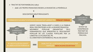  TRACTAT DE FONTAINEBLEAU (1807)
• 1808: LESTROPES FRANCESES INICIEN LA INVASIÓ DE LA PENÍNSULA
+
DESCONTENT GRUP PRIVILEGIATS
FORMACIÓ D’UN GRUP D’OPOSICIÓORGANITZAT LIDERAT PEL PRÍNCEP FERRAN
CONJURA DE
L’ESCORIAL
(1807)
MOTí
D’ARANJUEZ
(MARÇ 1808)
 DESTITUCIÓ DE GODOY
 ABDICACIÓ EN FERRANVII
- GODOY HAVIA TRASLLADAT A CADIS A LA FAMILIA
REIAL PER PROTEGIR-LA DE LA INVASIÓ FRANCESA.
- MOVIMENT POPULAR ORGANITZAT PELS
FERNANDISTES QUE APROFITEN EL DESCONTENT
POPULAR DE LES CLASSES POPULARS PER LA
CARESTIA I LA PUJADA DEL PÀ.
- ELSAMOTINATS ENTRARENAL PALAU DE GODOY
INTENT DE
CONSPIRACIÓ
PER PART DE
FERRAN QUE
FRACASA.
DEBILITAT DE LA MONARQUIAAPROFITADA PER
NAPOLEÓ:ABDICACIONS DE BAYONA
 
