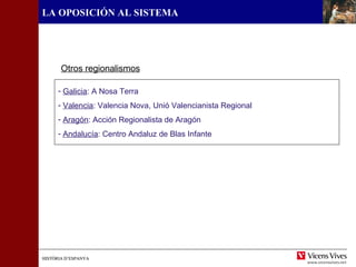 HISTÒRIA D’ESPANYAHISTÒRIA D’ESPANYA
LA OPOSICIÓN AL SISTEMA
- Galicia: A Nosa Terra
- Valencia: Valencia Nova, Unió Valencianista Regional
- Aragón: Acción Regionalista de Aragón
- Andalucía: Centro Andaluz de Blas Infante
Otros regionalismos
 