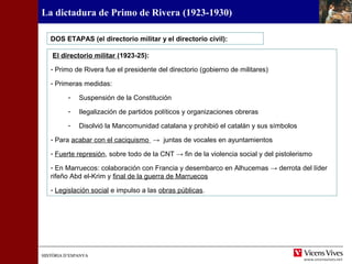 HISTÒRIA D’ESPANYAHISTÒRIA D’ESPANYA
La dictadura de Primo de Rivera (1923-1930)
El directorio militar (1923-25):
- Primo de Rivera fue el presidente del directorio (gobierno de militares)
- Primeras medidas:
- Suspensión de la Constitución
- Ilegalización de partidos políticos y organizaciones obreras
- Disolvió la Mancomunidad catalana y prohibió el catalán y sus símbolos
- Para acabar con el caciquismo → juntas de vocales en ayuntamientos
- Fuerte represión, sobre todo de la CNT → fin de la violencia social y del pistolerismo
- En Marruecos: colaboración con Francia y desembarco en Alhucemas → derrota del líder
rifeño Abd el-Krim y final de la guerra de Marruecos
- Legislación social e impulso a las obras públicas.
DOS ETAPAS (el directorio militar y el directorio civil):
 