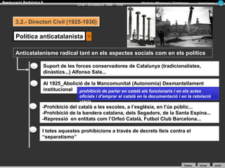 Restauració Borbònica II

Crisi i Dictadura 1898 - 1930

Història d’Espanya i Catalunya

Armand Figuera

3.2.- Directori Civil (1925-1930)

Política anticatalanista
Anticatalanisme radical tant en els aspectes socials com en els polítics
Suport de les forces conservadores de Catalunya (tradicionalistes,
dinàstics...) Alfonso Sala...
Al 1925_Abolició de la Mancomunitat (Autonomia) Desmantellament
institucional prohibició de parlar en català als funcionaris i en els actes
oficials i d’emprar el català en la documentació i en la retolació
viària

-Prohibició del català a les escoles, a l’església, en l’ús públic...
-Prohibició de la bandera catalana, dels Segadors, de la Santa Espina...
-Repressió en entitats com l’Orfeó Català, Futbol Club Barcelona...
I totes aquestes prohibicions a través de decrets lleis contra el
“separatismo”

Textos

tornar

sortir

 