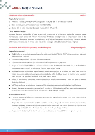 CRISIL Budget Analysis
18
18
Consumer goods: Little to savour Neutral
Key budget proposals:
■ Additional excise duty hiked 200-270% on cigarettes and by 15-16% on other tobacco products
■ Basic excise duty on pan masala increased from 16% to 19%
■ Excise duty on water (mineral and aerated) increased from 18% to 21%
CRISIL Research’s view
Increased focus on sustainability of rural income and infrastructure is a long-term positive for consumer goods
manufacturing sector. Excise duty hike will hurt demand for tobacco-based products as companies will pass on the
increase in cost. Resultantly, revenue of key players such as ITC Ltd, VST Industries Ltd and Godfrey Phillips Ltd will take
a hit. Increase in excise duty on mineral water and aerated beverages will lead to marginal increase in prices.
Financials: Allocation for capitalising PSBs inadequate Marginally negative
Key budget proposals:
■ Rs 250 billion to be provided as capital support to public sector banks (PSBs) in FY17, with a commitment to provide
additional funds, if required
■ Focus renewed on creating a route for consolidation of PSBs
■ Commitment to introduce bankruptcy code and stregnthening debt recovery tribunals
■ Target for banks and NBFC-MFIs to sanction loans increased to Rs 1,800 billion for FY17 vis-à-vis Rs 1,000 billion
sanctioned till early February 2016 under the Pradhan Mantri Mudra Yojana
■ No taxes on profits of companies offering housing projects with flats up to 30 sq mtrs in four metro cities and 60 sq
mtrs in others. Also, additional housing loan interest deduction of Rs 50,000 per annum for first-time home buyers on
loans up to Rs 3.50 million and maximum house value of Rs 5 million
■ Period for acquisition or construction of self-occupied house property increased from 3 years to 5 years for claiming
deduction of interest
■ NBFCs to be eligible for deduction to the extent of 5% of their income provisioned for bad and doubtful debts
■ Sponsor of an asset reconstruction company (ARC) to hold up to 100% stake in the ARC and non-institutional investors
to invest in securitisation receipts through amendments in the SARFAESI Act 2002.
CRISIL Research’s view
■ Funds for capitalising PSBs seems inadequate, given the high capital requirements to meet Basel-III commitments
and high gross NPAs
■ Proposal to focus on consolidation of PSBs would be a positive, along with introduction of bankruptcy codes Tax
rebates in real estate companies’ profits on affordable housing projects and loan interest deduction for first-time home
buyers will give a boost to the real estate sector and create credit growth opportunities
■ As provision for bad debts, limited to 5% of income, would be tax deductible, NBFCs’ net margin will improve.
 