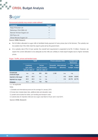 CRISIL Budget Analysis
52
52
Sugar
Announced subsidy may remain under-utilised
Company Impact
Bajaj Hindustan Ltd 
Balrampur Chini Mills Ltd 
Bannari Amman Sugars Ltd 
EID Parry Ltd 
Shree Renuka Sugars Ltd 
Source: CRISIL Research
■ Rs 9.8 billion allocated to sugar mills to facilitate timely payment of cane prices due to the farmers. The subsidy can
be availed only if the mills meet the export quota set by the government.
■ At a subsidy rate of Rs 4.5 per quintal, the overall fund requirement is expected to be Rs 13 billion. However, we
expect the current allocation to be adequate as the mills are unlikely to meet export targets due to higher domestic
prices.
Sugar: Tariffs, prices and landed costs
 