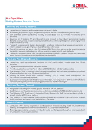 Our Capabilities
Economy and Industry Research
Funds and Fixed Income Research
 Largest and most comprehensive database on India's debt market, covering more than 18,000
securities
 Largest provider of fixed income valuations in India
 Provide valuation for more than Rs.81 trillion (USD 1,275 billion) of Indian debt securities
 Sole provider of fixed income and hybrid indices to mutual funds and insurance companies; we maintain
37 standard indices and over 100 customised indices
 Ranking of Indian mutual fund schemes covering 75% of assets under management and
Rs.9 trillion (USD 144 billion) by value
 Business review consultants to The Employees' Provident Fund Organisation (EPFO) and The National
Pension System (NPS)Trust in monitoring performance of their fund managers
Equity and Company Research
 Assigned the first IPO grade in India; graded more than 100 IPOs till date
 Due Diligence and Valuation services across sectors; executed close to 100 valuation assignments
 Due Diligence, IPO Grading and Independent Equity Research for SME companies planning to list or
already listed in NSE Emerge platform
 First research house to release exchange-commissioned equity research reports in India; covered
1,488 firms listed and traded on the National Stock Exchange
 Largest team of economy and industry research analysts in India
 Acknowledged premium, high quality research provider with track record spanning two decades
 95% of India's commercial banking industry by asset base uses our industry research for credit
decisions
 Coverage on 86 sectors: We provide analysis and forecast on key industry parameters including
demand, supply, prices, investments and profitability, along with insightful opinions on emerging trends
and impact of key events
 Research on sectors and clusters dominated by small and medium enterprises covering analysis of
relative attractiveness, growth prospects and financial performance
 Special coverage on key sectors like Agriculture & NBFC providing opinion on the growth prospects,
competitive scenario & attractiveness of these segments supported with analytical tools
 High-end customised research for many leading Indian and global corporates in areas such as market
sizing, demand forecasting, project feasibility and entry strategy
Making Markets Function Better
Executive Training
 Conducted 1200+ training programs on a wide spectrum of topics including credit, risk, retail finance,
treasury, and corporate advisory; trained more than 24,000 professionals till date
 Training programs being conducted in India, Sri Lanka and Bangladesh through an extensive network
of well-qualified financial professionals
 