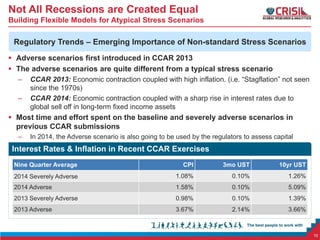 Not All Recessions are Created Equal
Building Flexible Models for Atypical Stress Scenarios

Regulatory Trends – Emerging Importance of Non-standard Stress Scenarios
 Adverse scenarios first introduced in CCAR 2013
 The adverse scenarios are quite different from a typical stress scenario
–
–

CCAR 2013: Economic contraction coupled with high inflation. (i.e. “Stagflation” not seen
since the 1970s)
CCAR 2014: Economic contraction coupled with a sharp rise in interest rates due to
global sell off in long-term fixed income assets

 Most time and effort spent on the baseline and severely adverse scenarios in
previous CCAR submissions
–

In 2014, the Adverse scenario is also going to be used by the regulators to assess capital

Interest Rates & Inflation in Recent CCAR Exercises
Nine Quarter Average

CPI

3mo UST

10yr UST

2014 Severely Adverse

1.08%

0.10%

1.26%

2014 Adverse

1.58%

0.10%

5.09%

2013 Severely Adverse

0.98%

0.10%

1.39%

2013 Adverse

3.67%

2.14%

3.66%

10

 