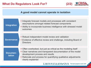 What Do Regulators Look For?

(2/2)

A good model cannot operate in isolation

Integration

 Integrate forecast models and processes with consistent
assumptions amongst related forecast components
 Ability to incorporate business intelligence with stressed model
outcomes

Governance

 Robust independent model review and validation
 Evidence of effective review and challenge, including Board of
Directors

Documentation

 Often overlooked, but just as critical as the modeling itself
 Clear narratives and transparent documentation of the model
development process and results
 Rationale and process for quantifying qualitative adjustments
clearly explained

5

 