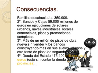 Consecuencias.
Familias desahuciadas 350.000.
2º. Bancos y Cajas 59.000 millones de
euros en ejecuciones de solares
urbanos, naves industriales, locales
comerciales, pisos y promociones
completas.
3º. Más de un millón de pisos de obra
nueva sin vender y los bancos
construyendo mas en sus suelos urbanos y
otro tanto de pisos de segunda mano.
4º. Deuda del Estado 475.400 millones de
euros (esto sin contar la deuda de las
provincias).
 