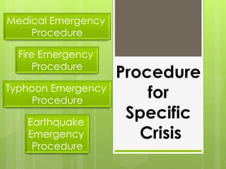 Procedure 
for 
Specific 
Crisis 
Medical Emergency 
Procedure 
Fire Emergency 
Procedure 
Typhoon Emergency 
Procedure 
Earthquake 
Emergency 
Procedure 
 