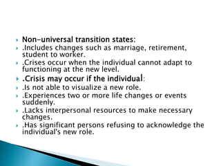  Non-universal transition states:
 .Includes changes such as marriage, retirement,
student to worker.
 .Crises occur when the individual cannot adapt to
functioning at the new level.
 .Crisis may occur if the individual:
 .Is not able to visualize a new role.
 .Experiences two or more life changes or events
suddenly.
 .Lacks interpersonal resources to make necessary
changes.
 .Has significant persons refusing to acknowledge the
individual's new role.
 
