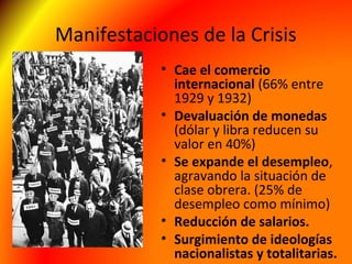 Manifestaciones de la Crisis
• Cae el comercio
internacional (66% entre
1929 y 1932)
• Devaluación de monedas
(dólar y libra reducen su
valor en 40%)
• Se expande el desempleo,
agravando la situación de
clase obrera. (25% de
desempleo como mínimo)
• Reducción de salarios.
• Surgimiento de ideologías
nacionalistas y totalitarias.
 