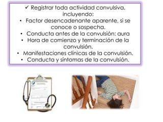  Registrar toda actividad convulsiva,
incluyendo:
• Factor desencadenante aparente, si se
conoce o sospecha.
• Conducta antes de la convulsión: aura
• Hora de comienzo y terminación de la
convulsión.
• Manifestaciones clínicas de la convulsión.
• Conducta y síntomas de la convulsión.
 