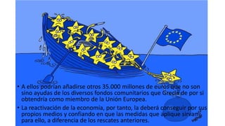 • A ellos podrían añadirse otros 35.000 millones de euros que no son
sino ayudas de los diversos fondos comunitarios que Grecia de por si
obtendría como miembro de la Unión Europea.
• La reactivación de la economía, por tanto, la deberá conseguir por sus
propios medios y confiando en que las medidas que aplique sirvan
para ello, a diferencia de los rescates anteriores.
 