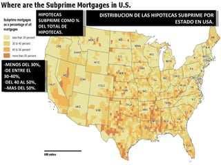 DISTRIBUCION DE LAS HIPOTECAS SUBPRIME POR ESTADO EN USA. HIPOTECAS SUBPRIME COMO % DEL TOTAL DE HIPOTECAS. -MENOS DEL 30%, -DE ENTRE EL 30-40%, DEL 40 AL 50%, -MAS DEL 50%. 