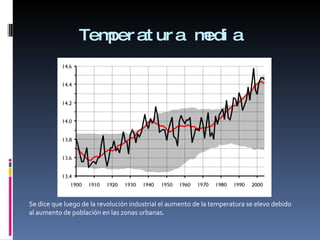 Temperatura media Se dice que luego de la revolución industrial el aumento de la temperatura se elevo debido al aumento de población en las zonas urbanas. 