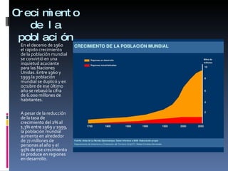 Crecimiento de la población En el decenio de 1960 el rápido crecimiento de la población mundial se convirtió en una inquietud acuciante para las Naciones Unidas. Entre 1960 y 1999 la población mundial se duplicó y en octubre de ese último año se rebasó la cifra de 6.000 millones de habitantes.  A pesar de la reducción de la tasa de crecimiento del 2% al 1,3% entre 1969 y 1999, la población mundial aumenta en alrededor de 77 millones de personas al año y el 95% de ese crecimiento se produce en regiones en desarrollo.  
