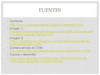 FUENTES
• Contexto:
http://www.memoriachilena.cl/602/w3-article-601.html
• Imagen 1:
http://lahistoriaporsiempre.blogspot.com/2009/12/consecuen
cias-de-la-crisis-de-1929-en.html
• Imagen 2:
http://clasedehistory.blogspot.com/2013/02/antecedentes-
causasdesarrollo-y.html
• Consecuencias en Chile:
http://www.educarchile.cl/ech/pro/app/detalle?ID=217224
• Causas y desarrollo:
• http://www.apuntes.com/historia/la-crisis-economica-de-
1929-causa-desarrollo-y-consecuencias
 