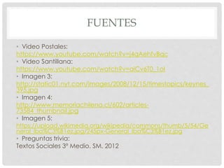FUENTES
• Video Postales:
https://www.youtube.com/watch?v=j4qAehfvBqc
• Video Santillana:
https://www.youtube.com/watch?v=aiCv6T0_1oI
• Imagen 3:
http://static01.nyt.com/images/2008/12/15/timestopics/keynes_
395.jpg
• Imagen 4:
http://www.memoriachilena.cl/602/articles-
73584_thumbnail.jpg
• Imagen 5:
https://upload.wikimedia.org/wikipedia/commons/thumb/5/54/Ge
neral_Iba%C3%B1ez.jpg/245px-General_Iba%C3%B1ez.jpg
• Preguntas trivia:
Textos Sociales 3º Medio. SM. 2012
 