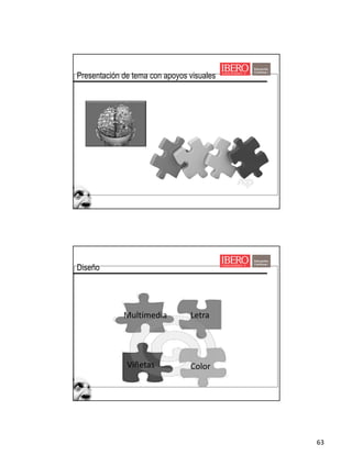 63
Presentación de tema con apoyos visuales
Color
Multimedia Letra
Viñetas
Diseño
 