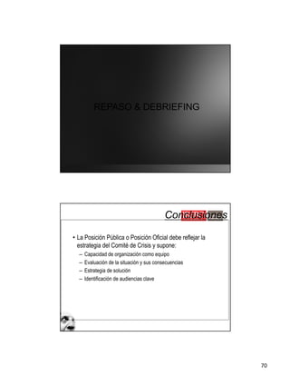 70
REPASO & DEBRIEFING
• La Posición Pública o Posición Oficial debe reflejar la
estrategia del Comité de Crisis y supone:
– Capacidad de organización como equipo
– Evaluación de la situación y sus consecuencias
– Estrategia de solución
– Identificación de audiencias clave
Conclusiones
 