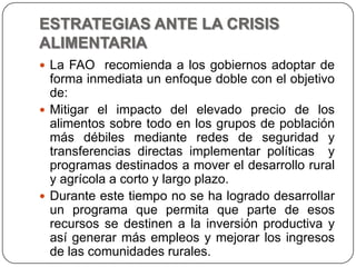 ESTRATEGIAS ANTE LA CRISIS ALIMENTARIALa FAO  recomienda a los gobiernos adoptar de forma inmediata un enfoque doble con el objetivo de: Mitigar el impacto del elevado precio de los alimentos sobre todo en los grupos de población más débiles mediante redes de seguridad y transferencias directas implementar políticas  y programas destinados a mover el desarrollo rural y agrícola a corto y largo plazo.Durante este tiempo no se ha logrado desarrollar un programa que permita que parte de esos recursos se destinen a la inversión productiva y así generar más empleos y mejorar los ingresos de las comunidades rurales.