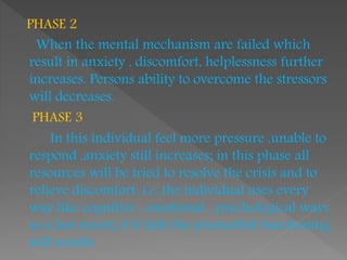 PHASE 2
When the mental mechanism are failed which
result in anxiety , discomfort, helplessness further
increases. Persons ability to overcome the stressors
will decreases.
PHASE 3
In this individual feel more pressure ,unable to
respond ,anxiety still increases; in this phase all
resources will be tried to resolve the crisis and to
relieve discomfort. i.e. the individual uses every
way like cognitive , emotional , psychological ways
as a last resort; if it fails the premorbid functioning
will results
 