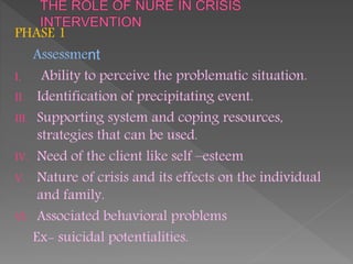 PHASE 1
Assessment
I. Ability to perceive the problematic situation.
II. Identification of precipitating event.
III. Supporting system and coping resources,
strategies that can be used.
IV. Need of the client like self –esteem
V. Nature of crisis and its effects on the individual
and family.
VI. Associated behavioral problems
Ex- suicidal potentialities.
 