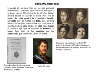 Las cuatro esposas de Fernando VII: Mª
Antonia de Nápoles, Mª Isabel de Braganza,
Mª Josefa Amalia de Sajonia y Mª Cristina de
Borbón- Dos Sicilias
PROBLEMA SUCESORIO
Pragmática Sanción eliminando la
Ley Sálica de los Borbones, finalmente
promulgada en 1830
Carlos Mª Isidro
Fernando VII no tuvo hijos de sus tres primeros
matrimonios. Cuando se casó con su última esposa,
su joven sobrina Mª Cristina de Borbón-Dos Sicilias,
decidió aclarar la sucesión al trono. Para ello en
marzo de 1830 publicó la Pragmática Sanción
aprobada por las Cortes en 1789, que permitía
reinar a las mujeres, como había sido tradicional en
Castilla desde la Edad Media. En 1830 nació Isabel,
su primera hija, que se convirtió en heredera al
trono. Pero esto no fue aceptado por los
apostólicos, que apoyaron a Carlos Mª Isidro.
 