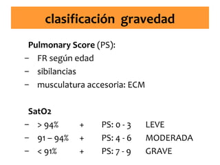 clasificación gravedad
Pulmonary Score (PS):
– FR según edad
– sibilancias
– musculatura accesoria: ECM
SatO2
– > 94%
– 91 – 94%
– < 91%

+
+
+

PS: 0 - 3
PS: 4 - 6
PS: 7 - 9

LEVE
MODERADA
GRAVE

 