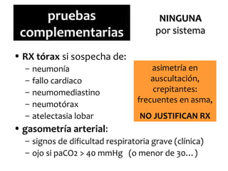 pruebas
complementarias
• RX tórax si sospecha de:
–
–
–
–
–

neumonía
fallo cardiaco
neumomediastino
neumotórax
atelectasia lobar

NINGUNA
por sistema

asimetría en
auscultación,
crepitantes:
frecuentes en asma,
NO JUSTIFICAN RX

• gasometría arterial:
– signos de dificultad respiratoria grave (clínica)
– ojo si paCO2 > 40 mmHg (o menor de 30…)

 