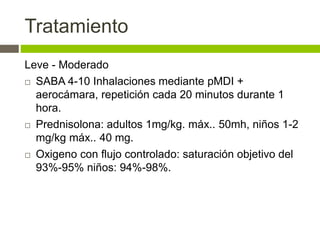 Tratamiento
Leve - Moderado
 SABA 4-10 Inhalaciones mediante pMDI +
aerocámara, repetición cada 20 minutos durante 1
hora.
 Prednisolona: adultos 1mg/kg. máx.. 50mh, niños 1-2
mg/kg máx.. 40 mg.
 Oxigeno con flujo controlado: saturación objetivo del
93%-95% niños: 94%-98%.
 