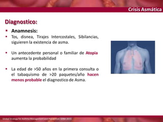 Crisis Asmática
 Anamnesis:
 Tos, disnea, Tirajes Intercostales, Sibilancias,
siguieren la existencia de asma.
 Un antecedente personal o familiar de Atopia
aumenta la probabilidad
 La edad de >50 años en la primera consulta o
el tabaquismo de >20 paquetes/año hacen
menos probable el diagnostico de Asma.
Diagnostico:
Global Strategy for Asthma Management and Prevention. GINA 2015
 