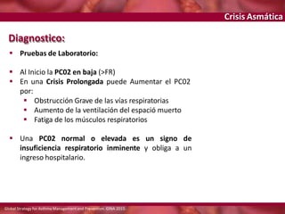 Crisis Asmática
Diagnostico:
 Pruebas de Laboratorio:
 Al Inicio la PC02 en baja (>FR)
 En una Crisis Prolongada puede Aumentar el PC02
por:
 Obstrucción Grave de las vías respiratorias
 Aumento de la ventilación del espació muerto
 Fatiga de los músculos respiratorios
 Una PC02 normal o elevada es un signo de
insuficiencia respiratorio inminente y obliga a un
ingreso hospitalario.
Global Strategy for Asthma Managementand Prevention. GINA 2015.
 