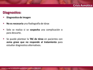 Crisis Asmática
Diagnostico:
 Diagnostico de Imagen
 No es necesaria una Radiografía de tórax
 Solo se realiza si se sospecha una complicación o
para descarte.
 Se puede plantear la TAC de tórax en pacientes con
asma grave que no responde al tratamiento para
estudiar diagnostico alternativos.
Global Strategy for Asthma Managementand Prevention. GINA 2015.
 