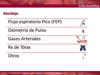 Crisis Asmática
Abordaje:
Flujo espiratorio Pico (FEP)
Oximetría de Pulso
Gases Arteriales
Rx de Tórax
Otros
MEDICINA DE URGENCIAS, 2015 Guía diagnóstica y protocolos de actuación 4.ª EDICIÓN Luis Jiménez Murillo
 