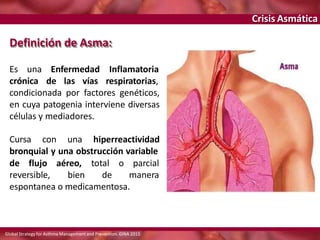 Crisis Asmática
Es una Enfermedad
crónica de las vías
Inflamatoria
respiratorias,
condicionada por factores genéticos,
en cuya patogenia interviene diversas
células y mediadores.
Cursa con una hiperreactividad
bronquial y una obstrucción variable
de flujo
reversible,
aéreo,
bien
total o parcial
de manera
espontanea o medicamentosa.
Definición de Asma:
Global Strategy for Asthma Management and Prevention. GINA 2015
 