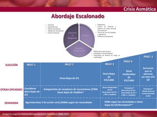 Crisis Asmática
Abordaje Escalonado
ELECCIÓN
OTRAS OPCIONES
DEMANDA
PASO 1
Considerar
dosis bajas de
ICS
Agonistas beta 2 de acción corta (SABA) según las necesidades
PASO 2
Dosis Bajas de ICS
Antagonistas de receptores de Leucotrienos (LTRA)
Dosis bajas de Teofilina*
PASO 3
Dosis Bajas
de
ICS/LABA
Dosis media/altas
de ICS
Dosisbajasde ICS +
LTRA o teofilina
Dosis
media/altas
de
ICS/LABA
Tiotropium*
Dosis altas de ICS
Dosisbajasde ICS +
LTRA o + teofilina
PASO 5
PASO 4
Derivación
para tx
adicional,
por ejem anti
IgE
SABA según las necesidades o dosis
bajas de ICS/formoterol**
Tiotropium*
Añadir dosis de
corticosteroides
orales
Global Strategy for Asthma Managementand Prevention. GINA 2015.
 