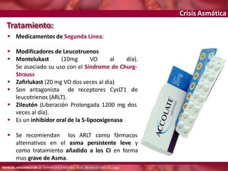 Crisis Asmática
Se asociado su uso con el Síndrome de Churg-
Strauss
 Zafirlukast (20 mg VO dos veces al día)
 Son antagonista de receptores CysLT1 de
leucotrienos (ARLT).
 Zileutón (Liberación Prolongada 1200 mg dos
veces al día).
 Es un inhibidor oral de la 5-lipooxigenasa
 Se recomiendan los ARLT como fármacos
alternativos en el asma persistente leve y
como tratamiento añadido a los CI en forma
mas grave de Asma.
Tratamiento:
 Medicamentos de Segunda Línea:
 Modificadores de Leucotruenos
 Montelukast (10mg VO al día).
MANUAL WASHINGTON DE TERAPÉUTICA MÉDICA, 2014, 34 edición 305-321 pags.
 