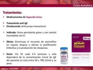 Crisis Asmática
Tratamiento:
 Medicamentos de Segunda Línea:
 Tratamiento anti IgE
 Omalizumab: Anticuerpo monoclonal
 Indicado: Asma persistente grave y con control
incompleto con CI
 Efecto: Disminuye el recuento de eosinofilos
en esputo, biopsia y atenúa la proliferación
linfocítica y la producción de citoquinas.
 Dosis: Vía SC cada 2-4 semanas y esta
dependerá de la concentración inicial de IgE
del paciente (si esta entre 30 y 700 UI/ml) y su
peso.
JAMA 2001; 286(23):2956).
 