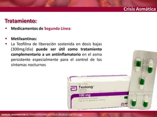 Crisis Asmática
Tratamiento:
 Medicamentos de Segunda Línea:
 Metilxantinas:
 La Teofilina de liberación sostenida en dosis bajas
(300mg/día) puede ser útil como tratamiento
complementario a un antiinflamatorio en el asma
persistente especialmente para el control de los
síntomas nocturnos
MANUAL WASHINGTON DE TERAPÉUTICA MÉDICA, 2014, 34 edición 305-321 pags.
 