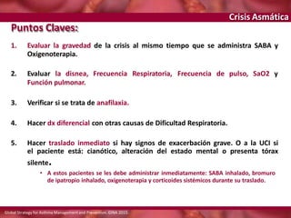 Crisis Asmática
Puntos Claves:
Global Strategy for Asthma Managementand Prevention. GINA 2015.
1. Evaluar la gravedad de la crisis al mismo tiempo que se administra SABA y
Oxigenoterapia.
2. Evaluar la disnea, Frecuencia Respiratoria, Frecuencia de pulso, SaO2 y
Función pulmonar.
3. Verificar si se trata de anafilaxia.
4. Hacer dx diferencial con otras causas de Dificultad Respiratoria.
5. Hacer traslado inmediato si hay signos de exacerbación grave. O a la UCI si
el paciente está: cianótico, alteración del estado mental o presenta tórax
silente.
• A estos pacientes se les debe administrar inmediatamente: SABA inhalado, bromuro
de ipatropio inhalado, oxigenoterapia y corticoides sistémicos durante su traslado.
 