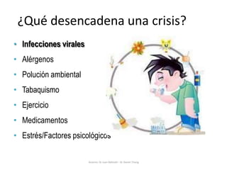 ¿Qué desencadena una crisis?
Autores: Dr.Juan Balinotti - Dr.Daniel Chang
• Infecciones virales
• Alérgenos
• Polución ambiental
• Tabaquismo
• Ejercicio
• Medicamentos
• Estrés/Factores psicológicos
 