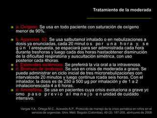  a. Oxígeno. Se usa en todo paciente con saturación de oxígeno
menor de 90%.
 b. Agonistas b2. Se usa salbutamol inhalado o en nebulizaciones a
dosis ya enunciadas, cada 20 minut o s po r u n a h o r a y, s e
g ú n l arespuesta, se espaciará para ser administrada cada hora
durante treshoras y luego cada dos horas hastaobtener disminución
de la dificultad respiratoria y auscultación simétrica, con uso
posterior cada 4horas.
 c. Esteroides sistémicos. Se preferirá la vía oral a la intravenosa.
 d. Bromuro de ipratropio. Se usa en crisis de moderada a grave. Se
puede administrar en ciclo inicial de tres micronebulizaciones con
intervalosde 20 minutos y luego continua rcada seis horas. Con el
inhalador, la dosis es de 250 a 500 µg por inhalación y de 1 a 2
inhalacionescada 4 a 6 horas.
 e. Aminofilina. Se usa en pacientes cuya crisis evoluciona a grave yc
omo p a s o p r e v i o a l ma n e j o e n unidad de cuidado
intensivo.
Vargas Y.A., Ortega M.C., Acevedo A.P., Protocolo de manejo de la crisis asmática en niños en el
servicio de urgencias. Univ. Méd. Bogotá (Colombia), 49 (2): 187-205, abril-junio de 2008
 