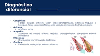 Diagnóstico
diferencial
- Congénitos:
- Fibrosis quística, enfisema lobar, traqueobroncomalacia, estenosis traqueal o
bronquial, fístula traqueoesofágica, anillo vascular, deficiencia de alfa 1 antitripsina
- Alérgica:
- Anafilaxia, asma
- Adquirida:
- Aspiración de cuerpo extraño, displasia broncopulmonar, compresión bronco
mediastinal
- Infecciosa:
- Bronquiolitis, neumonía viral o bacteriana
- Cardiaca:
- Falla cardiaca congestiva, edema pulmonar
 