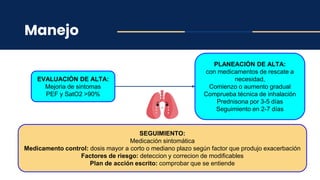 Manejo
EVALUACIÓN DE ALTA:
Mejoria de sintomas
PEF y SatO2 >90%
PLANEACIÓN DE ALTA:
con medicamentos de rescate a
necesidad,
Comienzo o aumento gradual
Comprueba técnica de inhalación
Prednisona por 3-5 días
Seguimiento en 2-7 días
SEGUIMIENTO:
Medicación sintomática
Medicamento control: dosis mayor a corto o mediano plazo según factor que produjo exacerbación
Factores de riesgo: deteccion y correcion de modificables
Plan de acción escrito: comprobar que se entiende
 