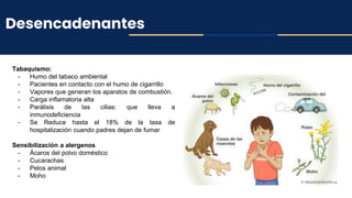 Desencadenantes
Tabaquismo:
- Humo del tabaco ambiental
- Pacientes en contacto con el humo de cigarrillo
- Vapores que generan los aparatos de combustión.
- Carga inflamatoria alta
- Parálisis de las cilias: que lleva a
inmunodeficiencia
- Se Reduce hasta el 18% de la tasa de
hospitalización cuando padres dejan de fumar
Sensibilización a alergenos
- Ácaros del polvo doméstico
- Cucarachas
- Pelos animal
- Moho
 