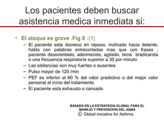 Los pacientes deben buscar
 asistencia medica inmediata si:
• El ataque es grave .Fig 8 :(1)
   – El paciente esta disneico en reposo, inclinado hacia delante;
     habla con palabras entrecortadas mas que con frases ,
     paciente desorientado, adormecido, agitado, tiene bradicardia
     o una frecuencia respiratoria superior a 30 por minuto
   – Las sibilancias son muy fuertes o ausentes
   – Pulso mayor de 120 /min
   – PEF es inferior al 60 % del valor predictivo o del mejor valor
     personal al inicio del tratamiento
   – El paciente esta exhausto o cansado


                         BASADO EN LA ESTRATEGIA GLOBAL PARA EL
                             MANEJO Y PREVENCION DEL ASMA
                             C Global iniciative for Asthma
 