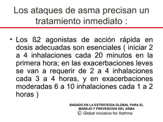 Los ataques de asma precisan un
      tratamiento inmediato :
• Los ß2 agonistas de acción rápida en
  dosis adecuadas son esenciales ( iniciar 2
  a 4 inhalaciones cada 20 minutos en la
  primera hora; en las exacerbaciones leves
  se van a requerir de 2 a 4 inhalaciones
  cada 3 a 4 horas, y en exacerbaciones
  moderadas 6 a 10 inhalaciones cada 1 a 2
  horas )
                  BASADO EN LA ESTRATEGIA GLOBAL PARA EL
                      MANEJO Y PREVENCION DEL ASMA
                      C Global iniciative for Asthma
 
